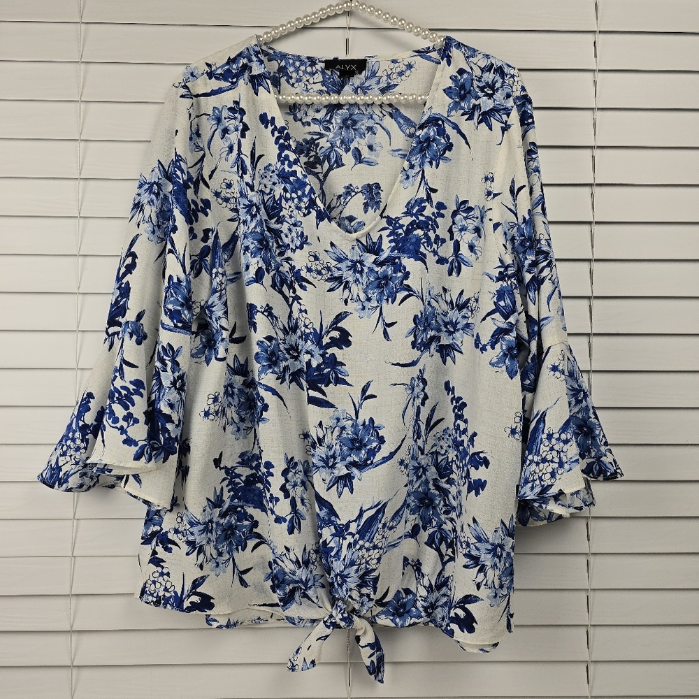ALYX Floral Pullover Top with V Neckline and Tied Lower Front - Picture 11 of 12
